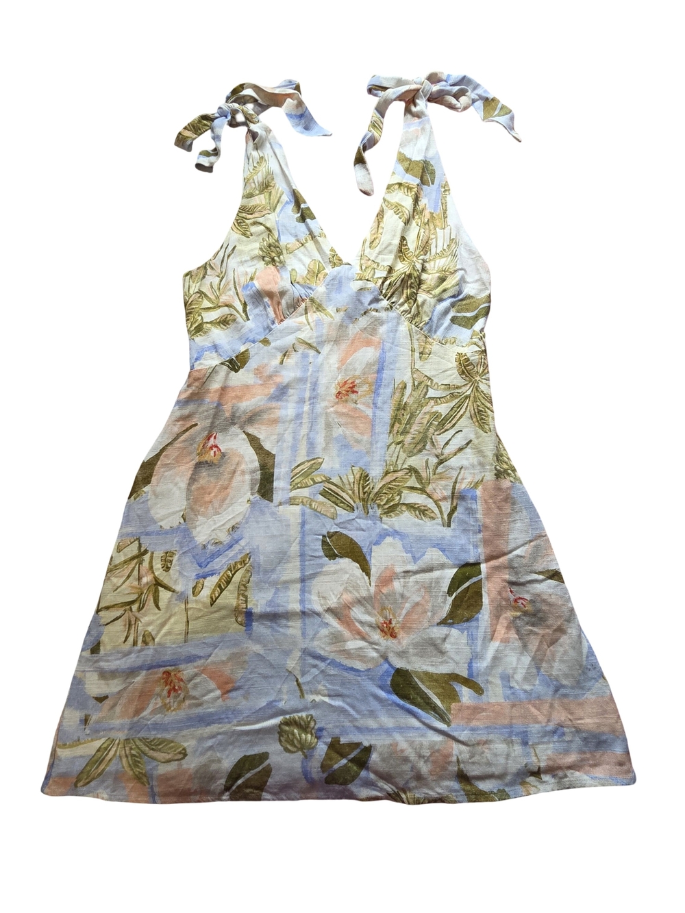 Tie-Shoulder Floral Halter Mini Dress in Pastel Blue and Peach